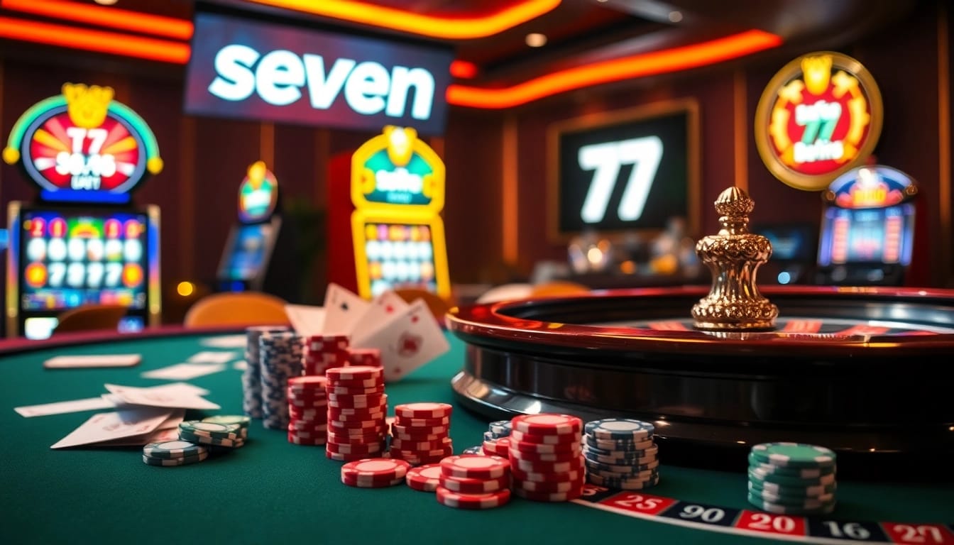 Experience the thrill of gambling with seven 77 at a luxurious casino table, featuring vibrant cards and poker chips.