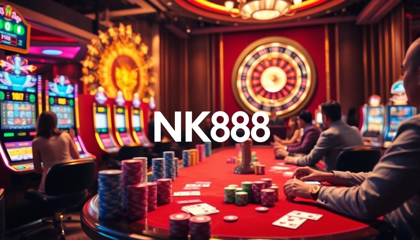 NK88 players enjoying exciting casino games at vibrant tables with colorful chips.