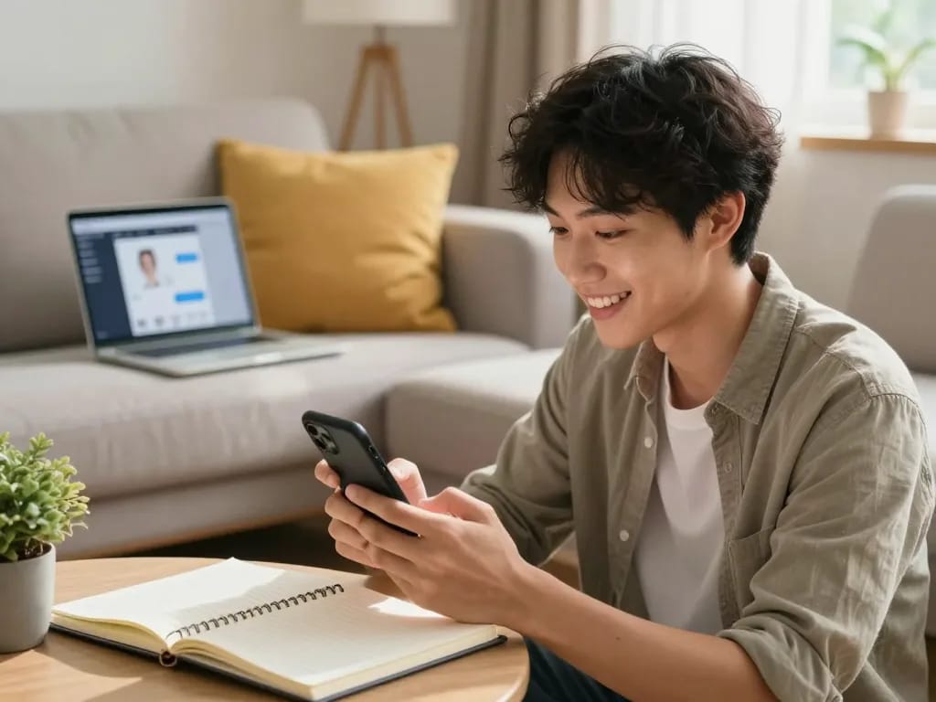 Youthfully engaging in sex chat ai on a mobile device in a cozy home environment.