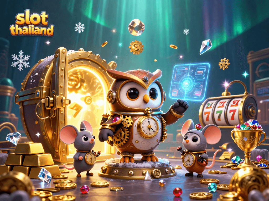 Spin to win with slot thailand's vibrant 3D casino illustration featuring a time-traveler owl!