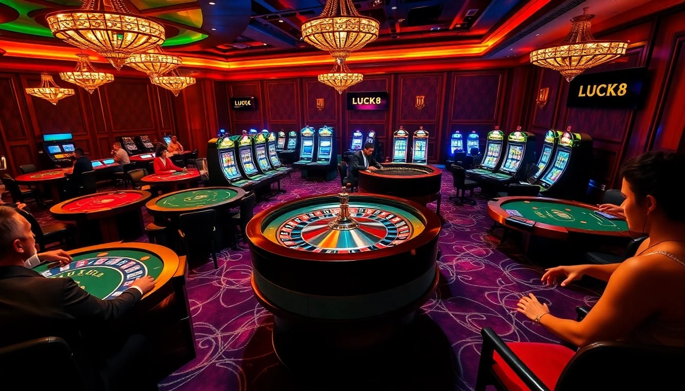 Experience LUCK8 excitement at a bustling casino with poker, roulette, and slot machines.