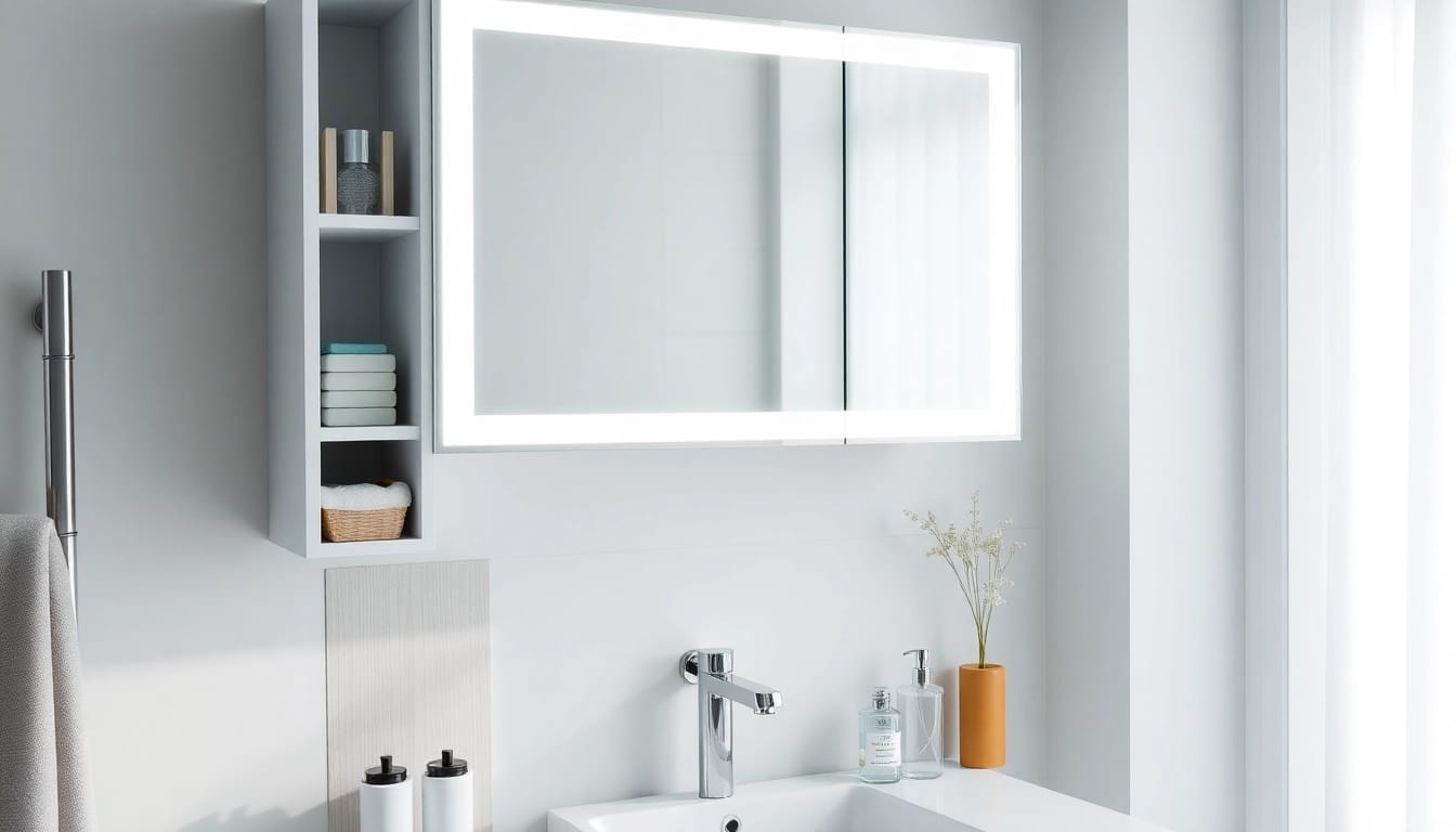 Spiegelschrank mit LED Beleuchtung zeigt modernes Design und praktische Funktionalität im Bad.