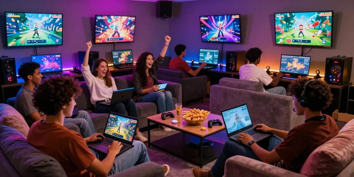 Friends enjoying an adult game session in a vibrant gaming lounge with screens and snacks.