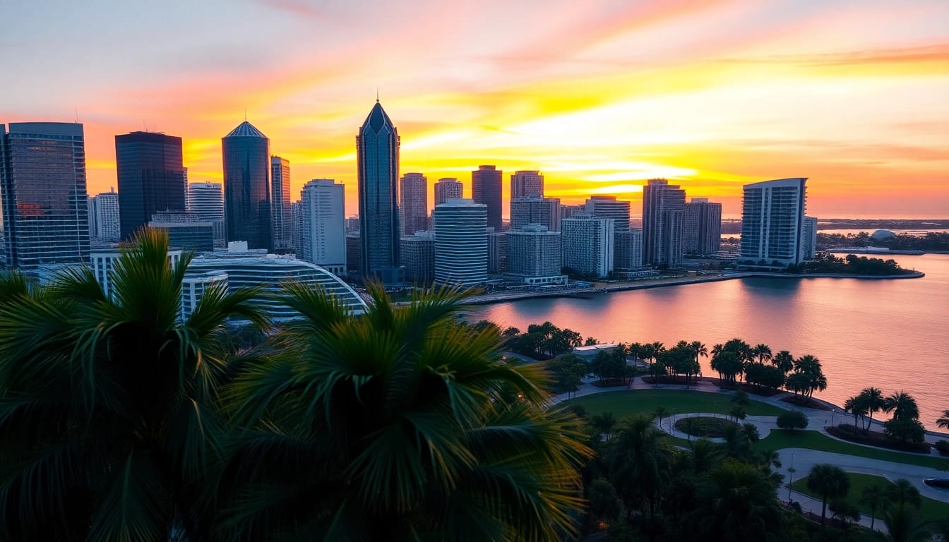 View of Tampa skyline beautifully reflecting in the water at sunset with palm trees in foreground.