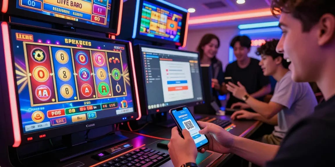 Excited player engaging with slot deposit 5000 online gaming experience at a vibrant desktop setup.