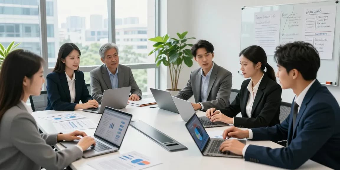 Business professionals comparing business mobile deals UK during a collaborative meeting in a modern conference room.