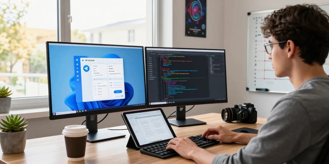 Developer coding in modern office, showcasing 纸飞机中文版 on dual screens, highlighting tech workspace.