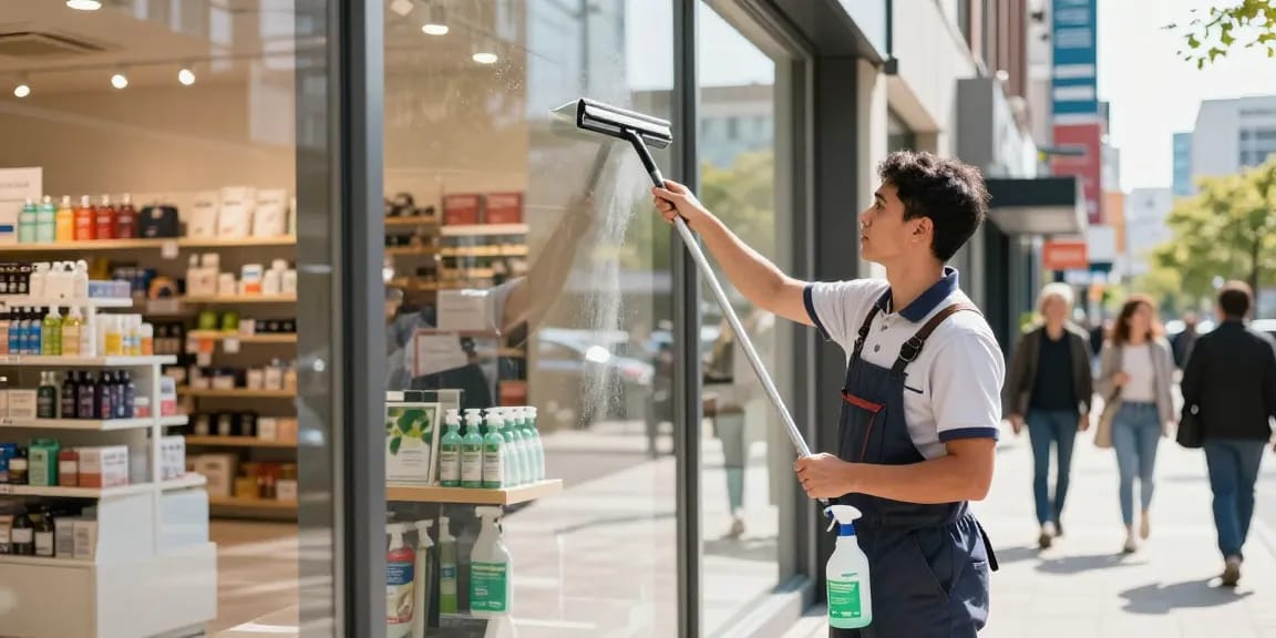 Schaufensterreinigung Dortmund - Professioneller Fensterputzer reinigt großes Schaufenster in einem urbanen Geschäft.