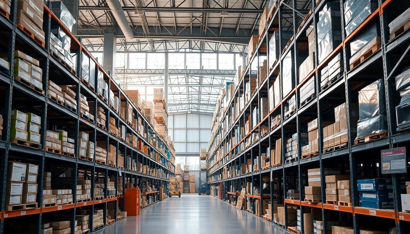 Find a professional warehouse near me in a vibrant urban setting, showcasing organized inventory.