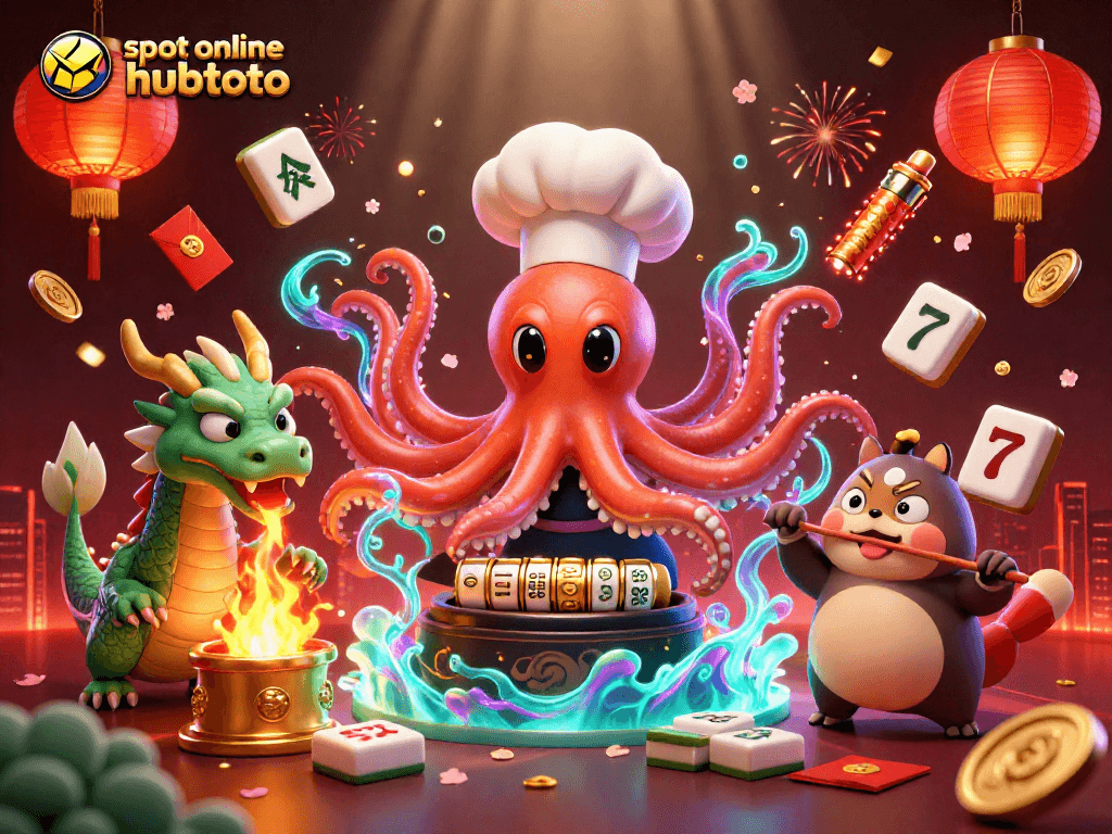 Bermain slot online terpercaya Hubtoto dengan warna cerah, menampilkan chef sushi 3D, naga, dan tanuki dalam suasana kasino yang semarak.