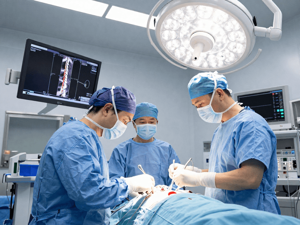 Surgeon performing dar kanal ameliyatı in a modern surgical room with advanced tools.