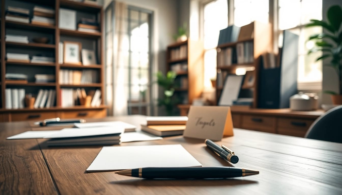 Showcasing personalized stationery company workspace with elegant details.