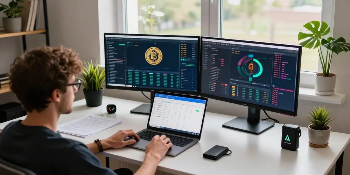 Bitcoin mining platform in a modern workspace with crypto analytics and security features