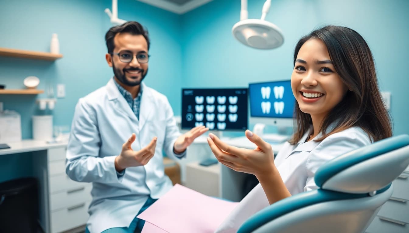 Veneers Malaysia: A smiling patient receiving porcelain veneers treatment in a modern dental clinic.