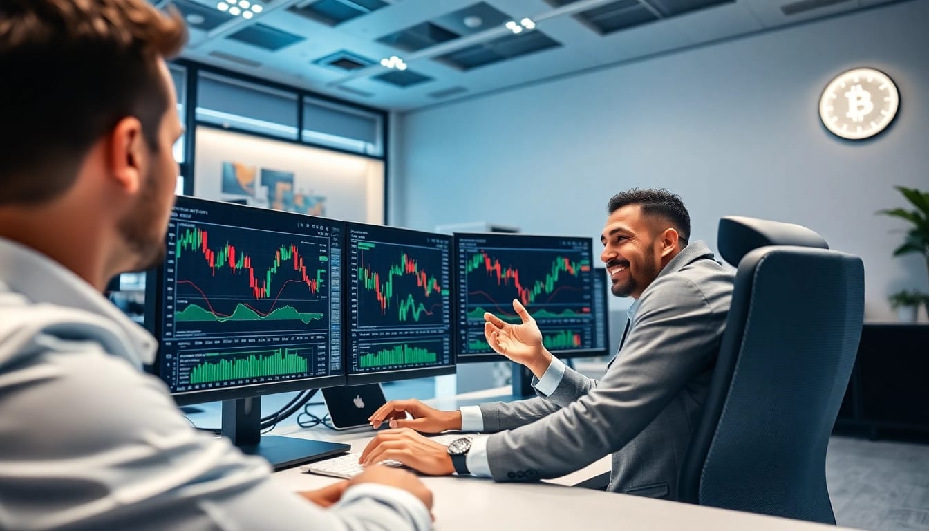Acheter bitcoin en toute sécurité avec un trader à l'ordinateur et des graphiques numériques en arrière-plan.