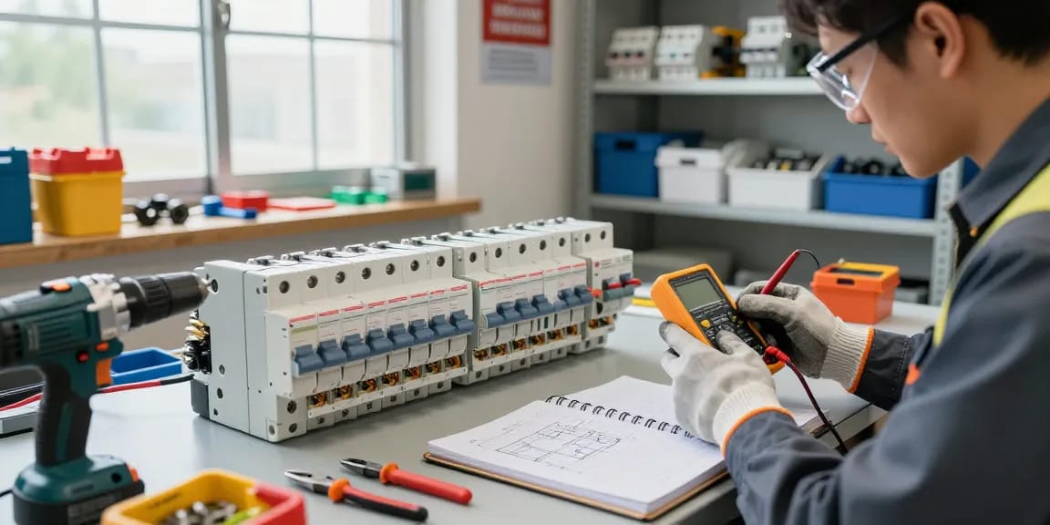 Electrician inspecting DC circuit breakers in an organized workspace, showcasing safety gear and detailed tools.