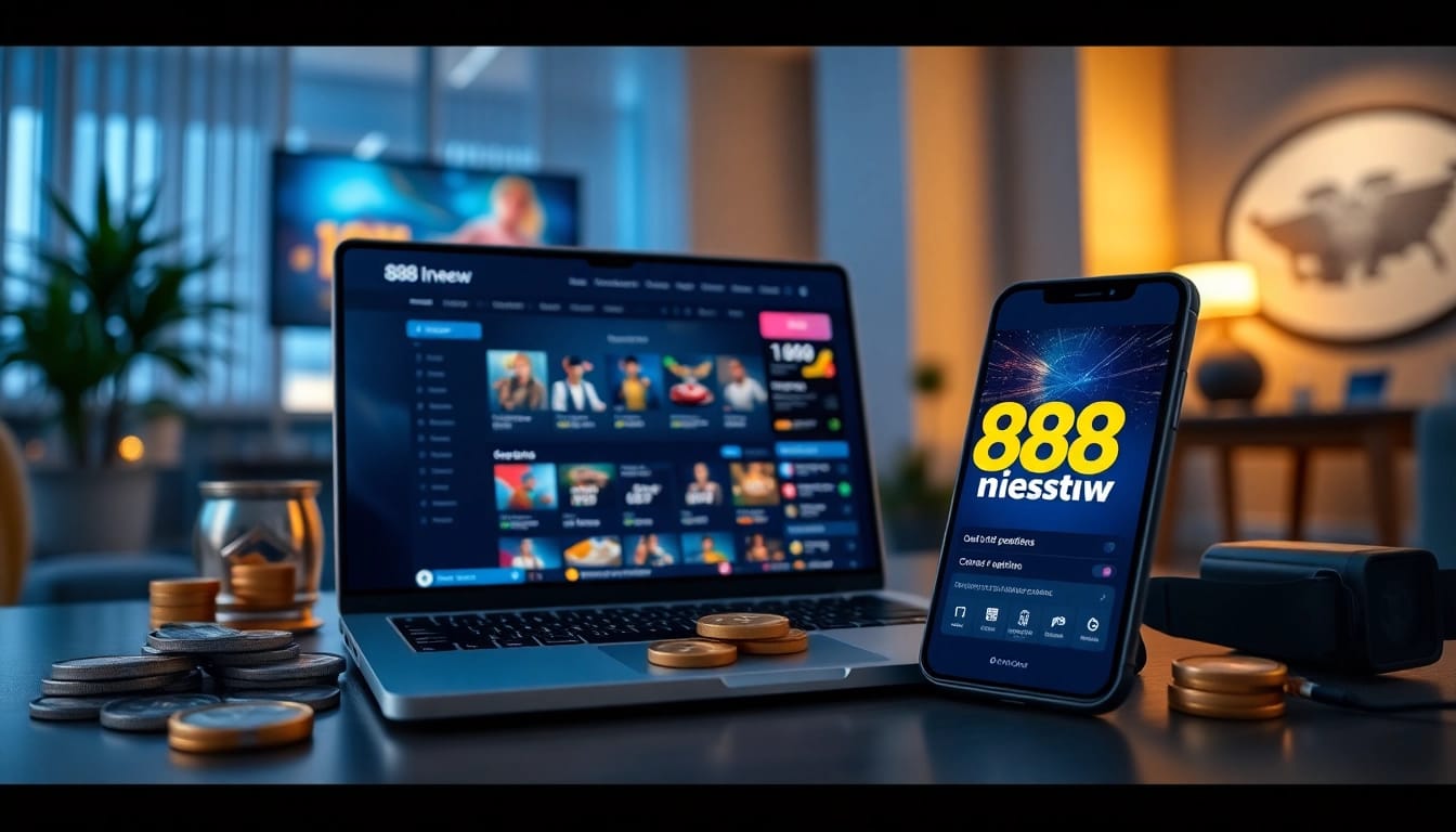 Engaging 888 new online casino interface with laptop and smartphone in a modern setting that ensures user trust and entertainment.