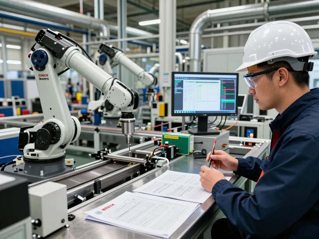 Bosch Rexroth machinery being inspected by an engineer in a modern industrial workspace.