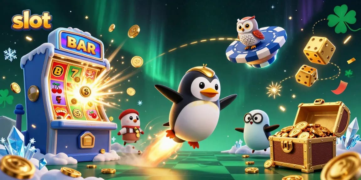 Spin and win big with slot games featuring golden penguin, dynamic casino elements in space