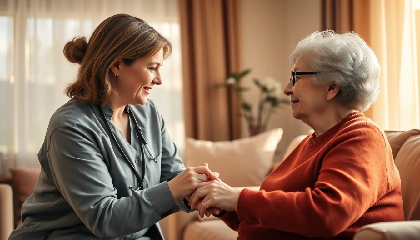 Caregiver provides compassionate senior care austin tx in a warm living room setting.