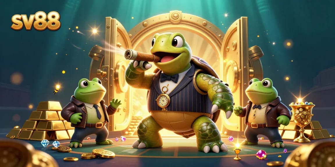 Experience sv88's vibrant casino scene with a mobster turtle and frog enforcers amidst treasure!