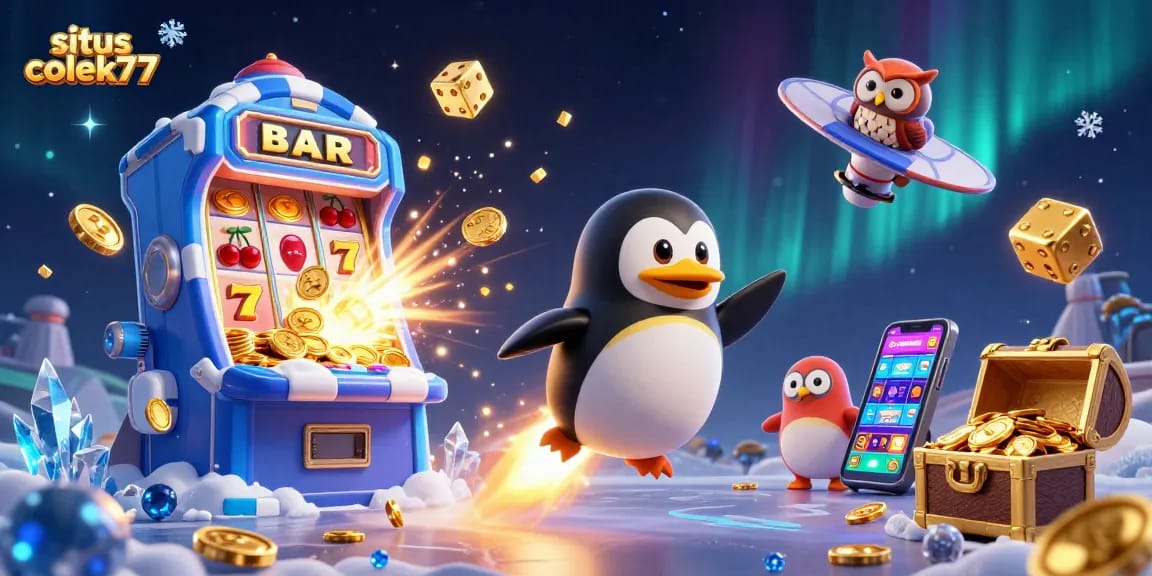 Experience the thrill with situs colek77's vibrant casino gaming scene featuring a golden penguin and exciting slot elements.