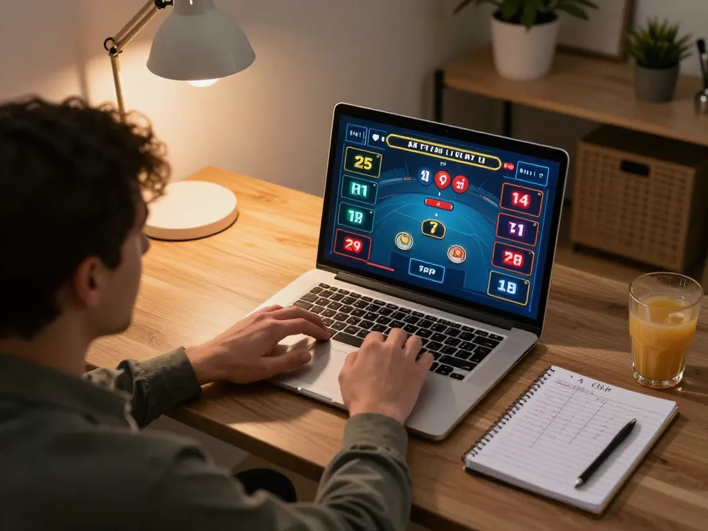Player analyzing strategies in a kkwin poker game during a cozy home session, emphasizing strategic decisions.