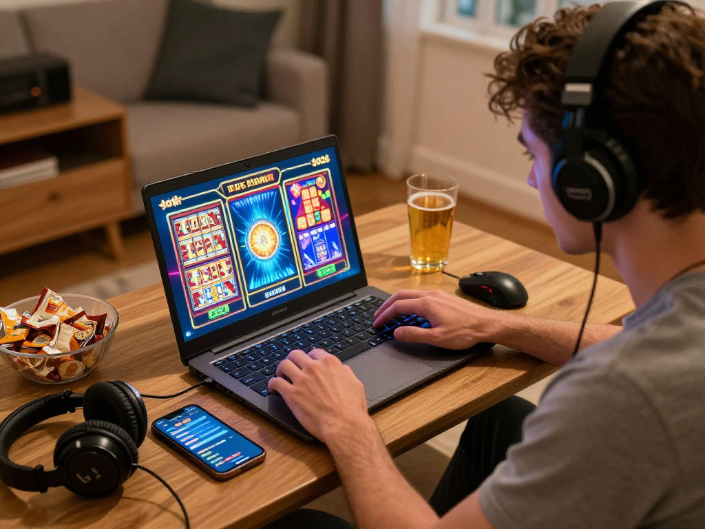 Pengalaman bermain slot 2026 dengan pemain di rumah, atmosfer berwarna cerah, komputer dan smartphone ditampilkan.