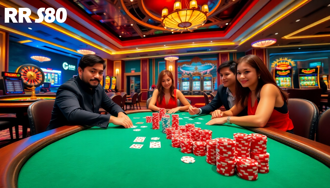 Players enjoying high-stakes poker at RR88, surrounded by vibrant casino elements.