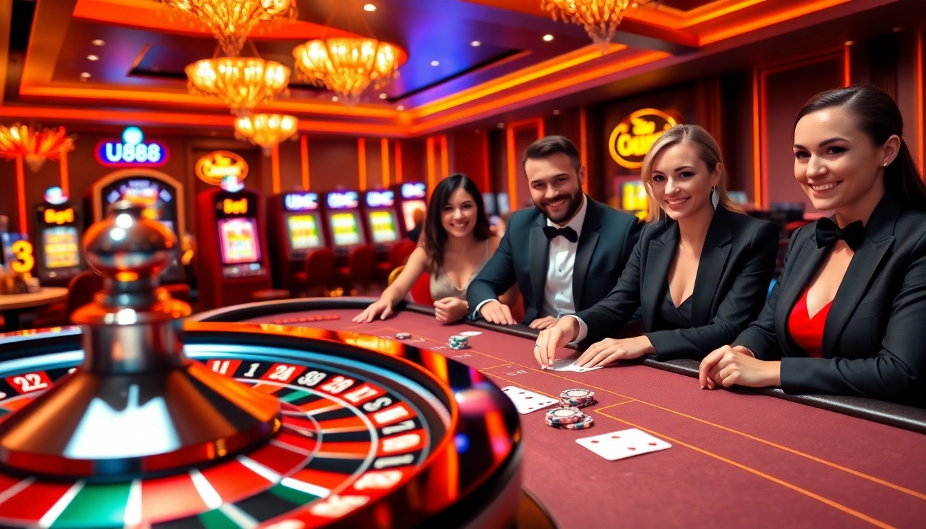 Experiencing luxury gaming at U888 with roulette wheel and poker chips in a vibrant casino atmosphere.