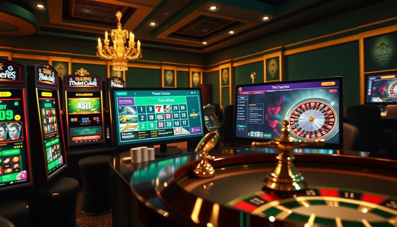 Engaging online gambling interface at Thabet College featuring vibrant slot machines and poker chips.