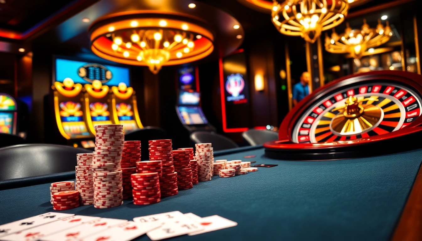 Engaging gambling scene at Luckywin com with poker, roulette wheel, and vibrant casino ambiance.