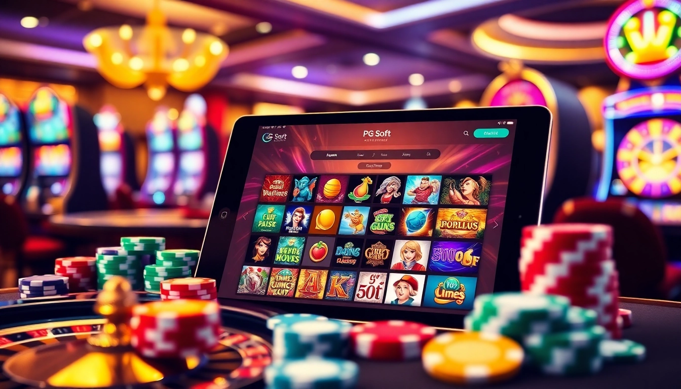 Engaging PG Soft slot games displayed on a tablet surrounded by colorful casino elements