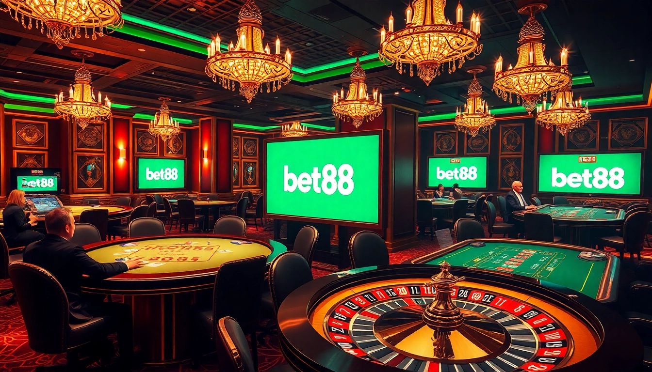 Engaging scene showcasing Bet88 casino games with roulette wheels and poker chips highlighting excitement.