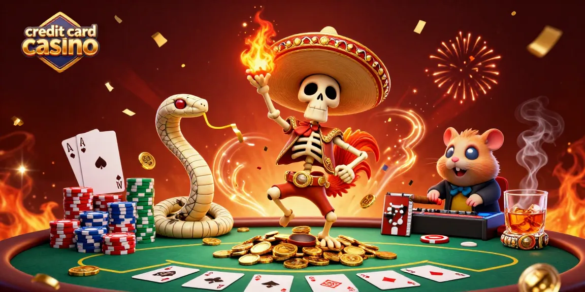 A festive scene depicting a credit card casino with a skeleton, mummy, and zombie DJ celebrating wins among poker elements.