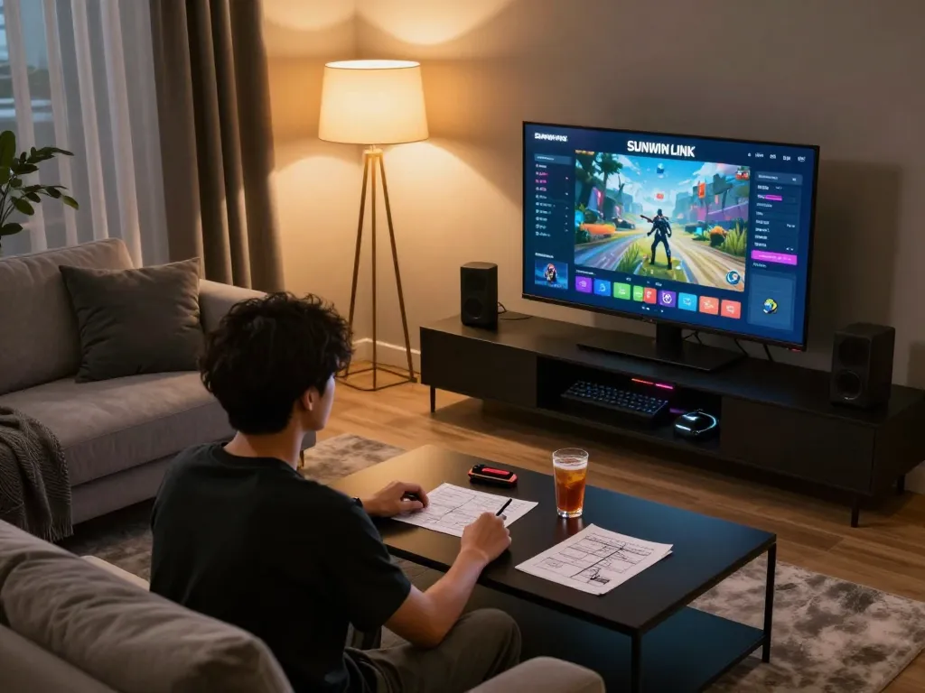 Engage with the SUNWIN LINK in a stylish online gaming setup, showcasing strategy and comfort.