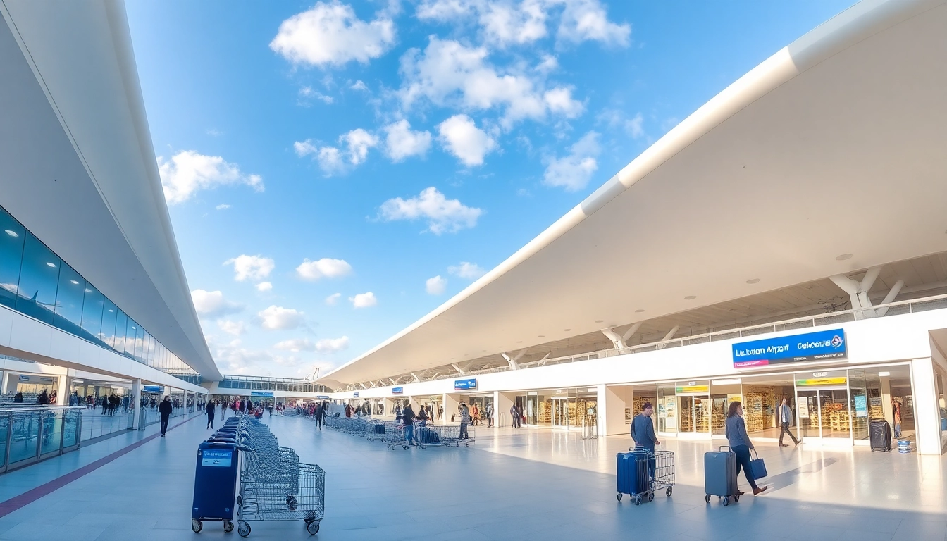 Travelers arriving at Luton Airport with clear blue skies and modern terminal architecture.