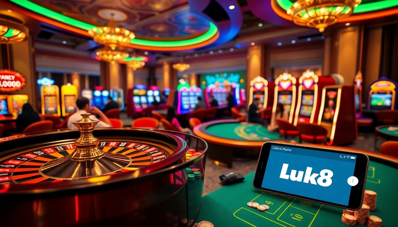 Exciting gameplay at nhà cái luck8, featuring roulette and blackjack tables in an elegant casino setting.