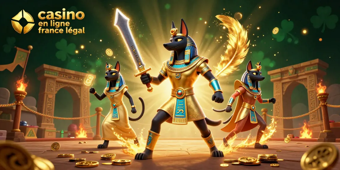 Illustration dynamique d'Anubis et Bastet promouvant casino en ligne france légal autour de pièces d'or et de jeux.
