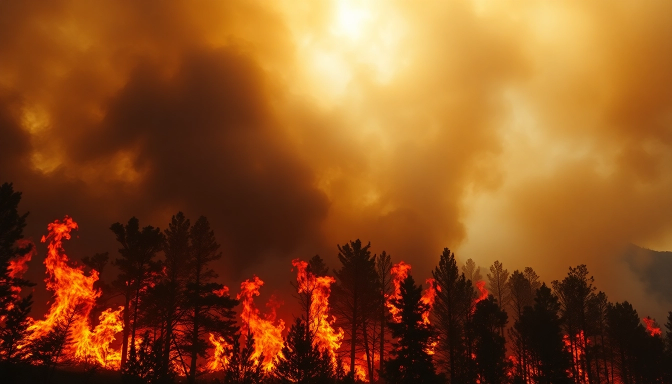 Capture the intensity of wildfire events with raging flames engulfing trees and dark clouds of smoke.