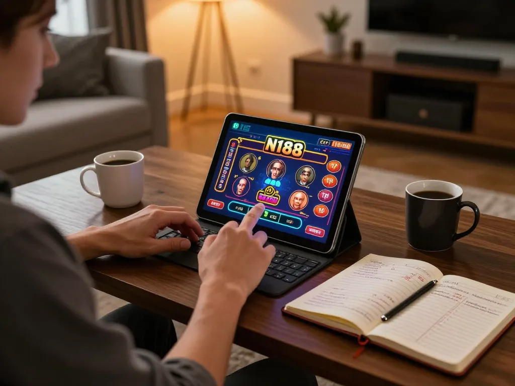N188 game player engaged in online betting, showcasing strategic gameplay in a cozy home setting.