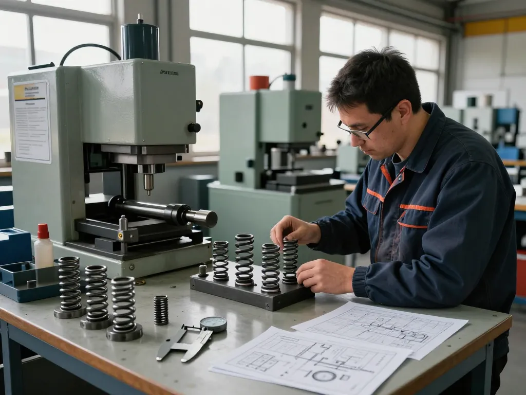 Tehnician inspectând arcuri ciur în cadrul unei ateliere industriale.