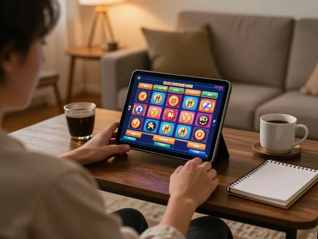 Engaging in เว็บตรงสล็อต play on tablet in a cozy home gaming setup, focusing on online strategy
