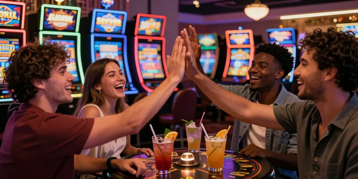 Friends celebrating at a casino while playing slot machines, capturing excitement and joy.