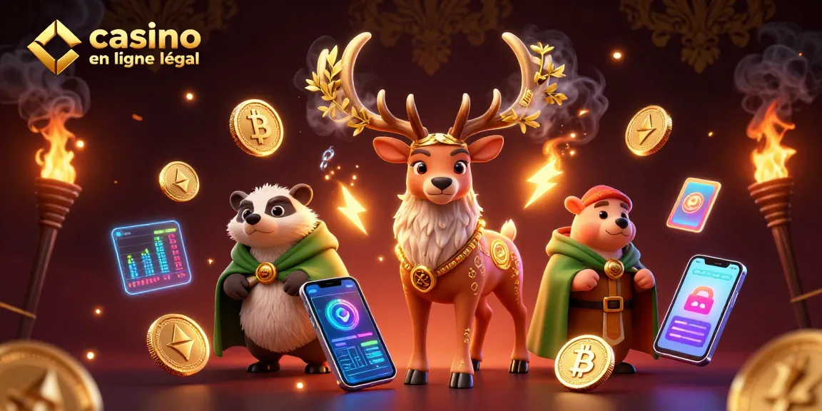 Visualisez un casino en ligne France légal vibrant avec un cerf druidique et des éléments Bitcoin et Ethereum animés.
