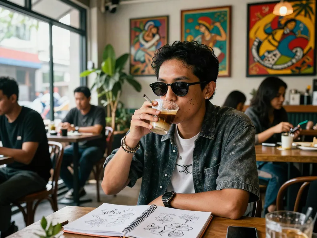 Individual enjoying a Djarum BOS clove cigarette in a vibrant café setting, capturing modern lifestyle.
