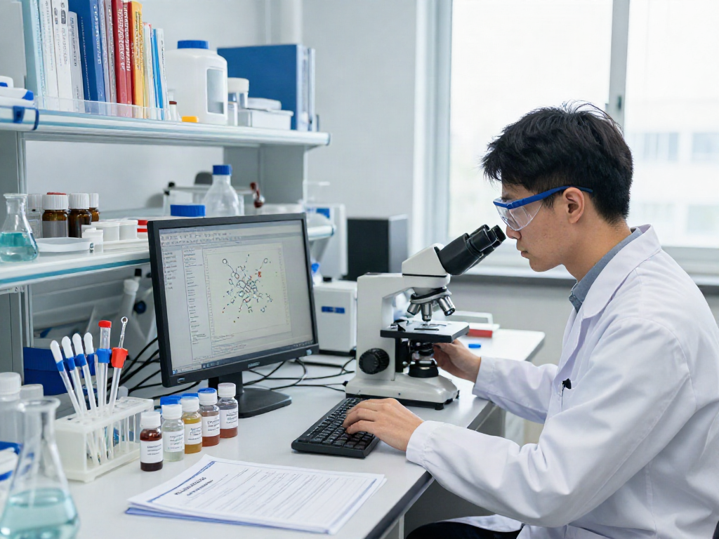Scientist analyzing laboratory research peptides in a clean lab environment with beakers and data charts.