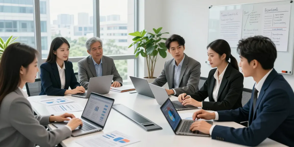 Business professionals comparing business mobile deals UK during a collaborative meeting in a modern conference room.