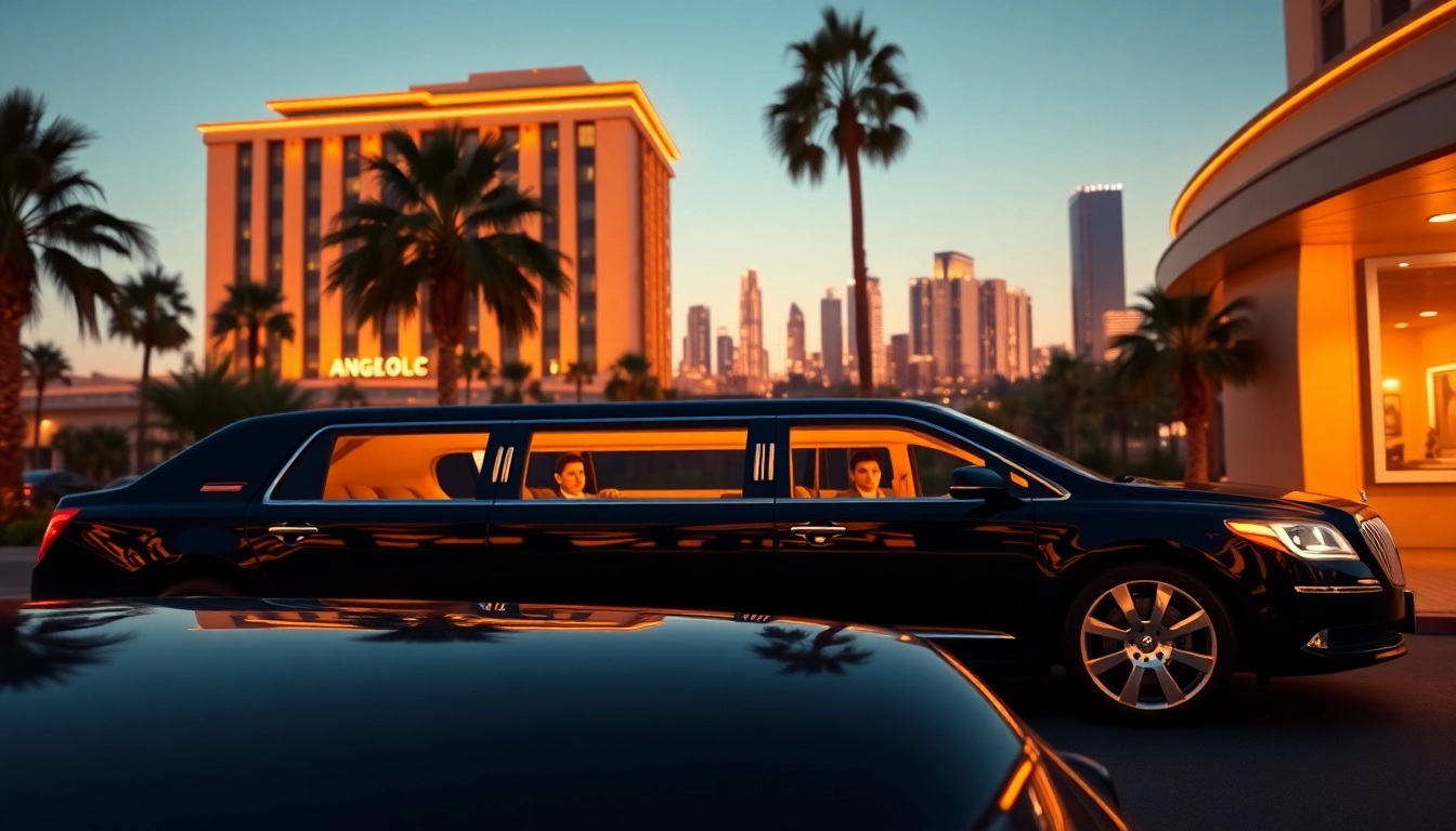 Luxury Los Angeles Limo parked outside a high-end hotel with skyline in the background