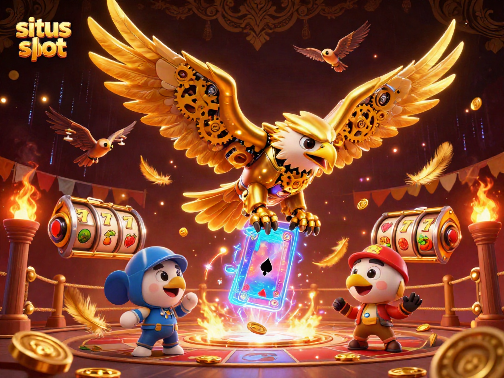 Immerse in the vibrant world of situs slot with a golden eagle and slot reels amidst holographic effects.